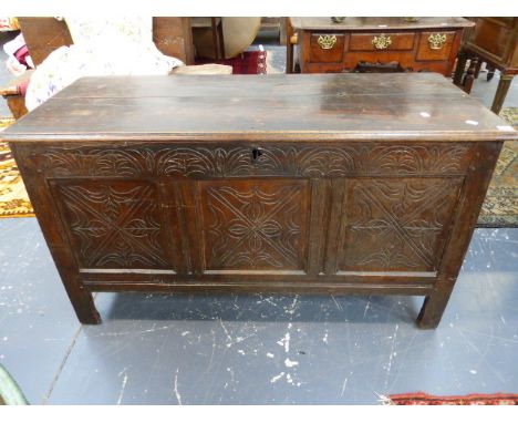 AN 18th.C.OAK COFFER WITH TWO PLANK TOP OVER CARVED PANEL FRONT ON STILE SUPPORTS.   W.124 x H.66 x D.53cms.