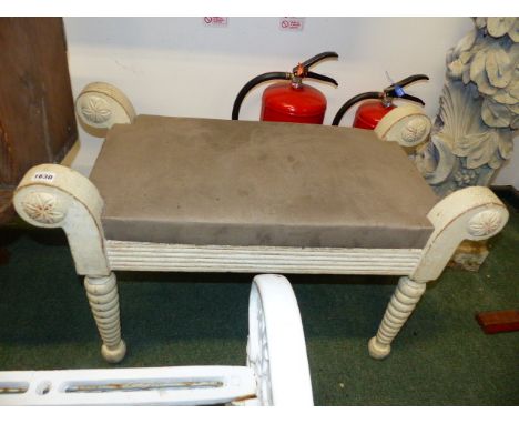 AN ANTIQUE NORTHERN EUROPEAN PAINTED BENCH TOGETHER WITH A LATER MATCHING EXAMPLE WITH TAPERED SPOOL TURNED LEGS. W.83cms.