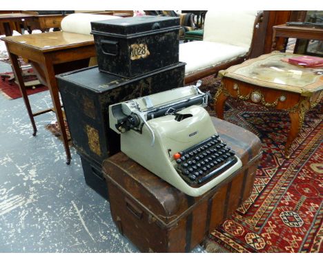 THREE VINTAGE STEEL DEED BOXES AND A PAINTED TIN DOME TOP TRUNK TOGETHER WITH A VINTAGE TYPEWRITER.   (5)