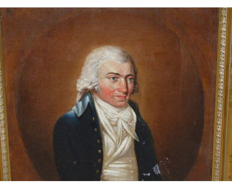 18th/19th.C. ENGLISH SCHOOL.   PORTRAIT OF A GENTLEMAN WEARING A BLUE DRESS COAT, OIL ON CANVAS.   36 x 31cms.