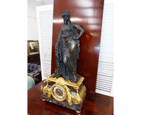 AN IMPRESSIVE 19th.C.FRENCH PATINATED BRONZE ORMOLU MOUNTED MARBLE CLOCK OF LARGE PROPORTIONS WITH A STANDING CLASSICAL MAIDE