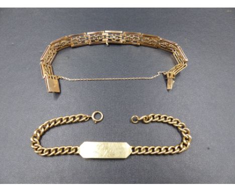 TWO 9ct GOLD BRACELETS TO INCLUDE A 9ct ROSE GOLD SOLID GATE BRACELET COMPLETE WITH SAFETY CHAIN AND A 9ct YELLOW GOLD IDENTI