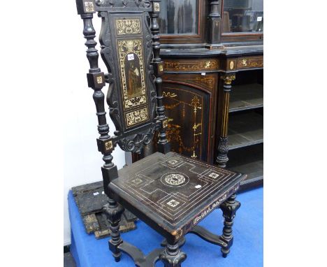 A PAIR OF ANTIQUE ITALIAN CARVED HIGHBACK INLAID AND DECORATED EBONISED HALL CHAIRS, EACH BACK WITH A PORTRAIT OF A MEDIEVAL 