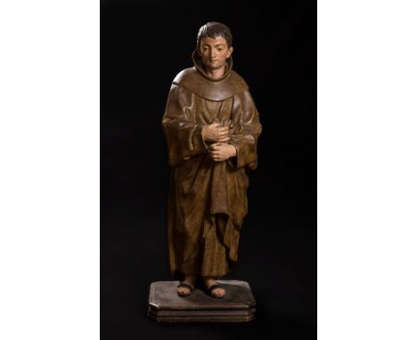 Attributed to ALONSO CANO (Granada, 1601 - 1667)."Saint Diego de Alcalá".Carved and polychrome wood. Vitreous paste eyes.Meas