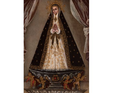 Peruvian school; ca. 1700."Virgin of Solitude".Oil on canvas.It has an inscription on the back.It has perforations on the can