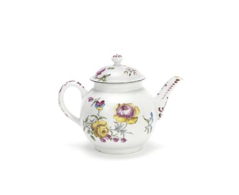 A Bow teapot and cover, circa 1765-70Of globular form, the loop handle with a heart shaped lower terminal, painted with spray