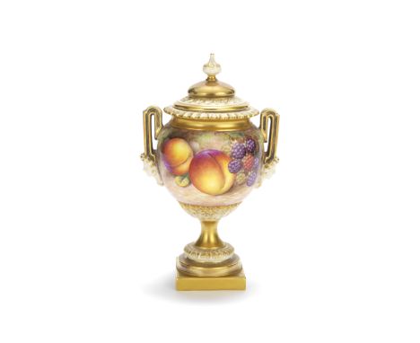 A Royal Worcester 'Painted Fruit' vase and cover, circa 1970Of classical form, the handles with mask terminals, painted by Al