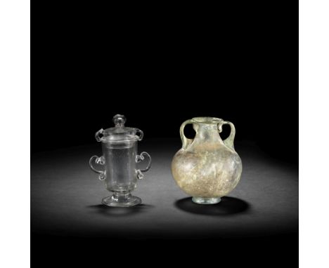 A small façon de Venise albarello or pharmacy jar and cover, 17th century, and a Roman glass vase, 2nd century ADThe albarell