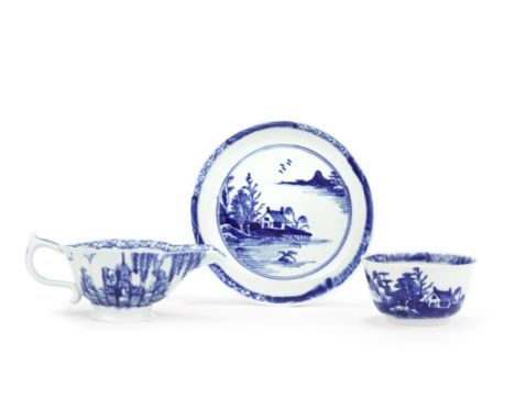 A Vauxhall teabowl and saucer and a creamboat, circa 1755-60The teabowl and saucer thinly potted and painted in blue with a h