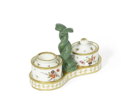 A Swansea inkstand, two inkwells and covers, circa 1815-17The stand with a central handle modelled as two entwined dolphins p
