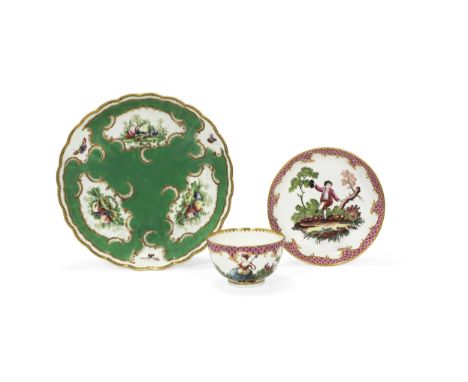 A Worcester saucer dish and a Caughley teabowl and saucer, the porcelain circa 1770-80Redecorated in the 19th century, the fl