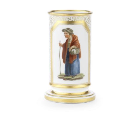 A Flight and Barr spill vase, circa 1800Of cylindrical form with a turned foot, unusually painted with a pedlar wearing a red