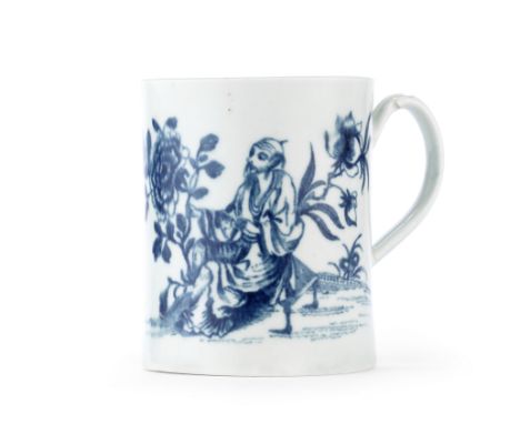 A very rare Worcester mug, circa 1760Of cylindrical form with a grooved strap handle, printed in blue with the 'Floral Gift' 