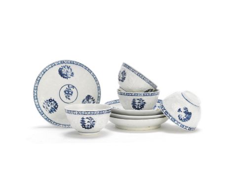Four Lowestoft teabowls and saucers, circa 1764-6Of Hughes type, moulded with lattice panels flanked by flowers and leaves, r