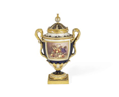 A Royal Worcester vase and cover by Richard Sebright, dated 1914Of ovoid form on a stepped square base, the twin bifurcated h