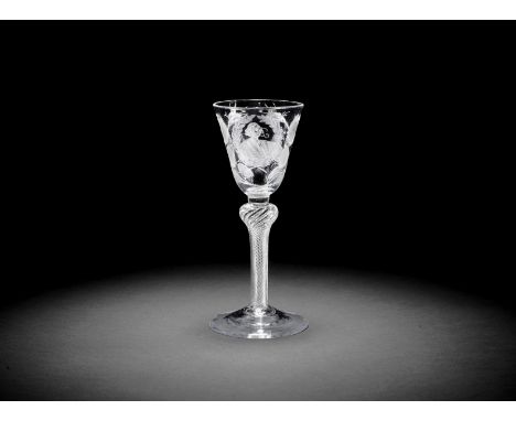 An engraved portrait airtwist wine glass of Jacobite interest, circa 1750The round funnel bowl later engraved, perhaps by Fra