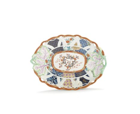 A rare Worcester dessert dish, circa 1770Of oval shape moulded in relief with arcaded and pierced overlapping basketweave, ri