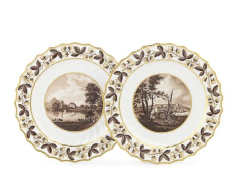 A pair of Flight and Barr plates, circa 1800Painted in sepia monochrome with views of 'Rochester' and 'LUSS, Dunbartonshire, 