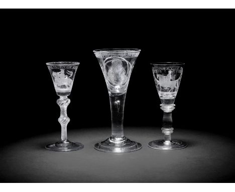 Three Williamite wine glasses, 18th century and laterThe engraving later and perhaps by Franz Tieze, one with a flared bucket