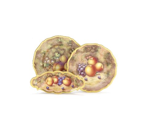 Three Royal Worcester 'Painted Fruit' plates and a small dish, circa 1950-70Painted with autumn fruits on mossy grounds, comp