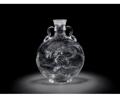 A Thomas Webb and Sons 'rock crystal' glass moon flask attributed to William Fritsche, circa 1890Of flattened globular form w