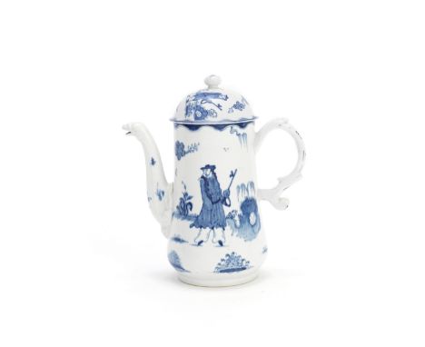 A Bow coffee pot and cover, circa 1758Of baluster form with a scroll handle and bird's head spout, painted in blue with the '