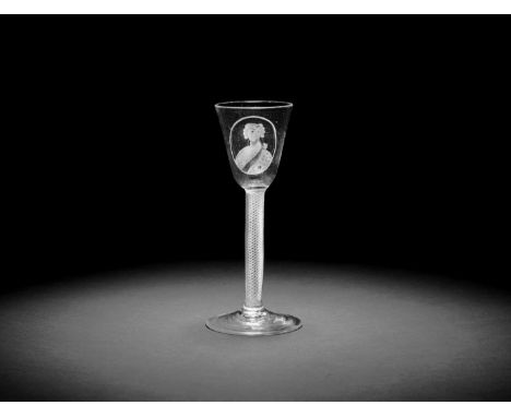 A Jacobite engraved portrait airtwist wine glass, circa 1750The round funnel bowl with the bust profile of Prince Charles Edw