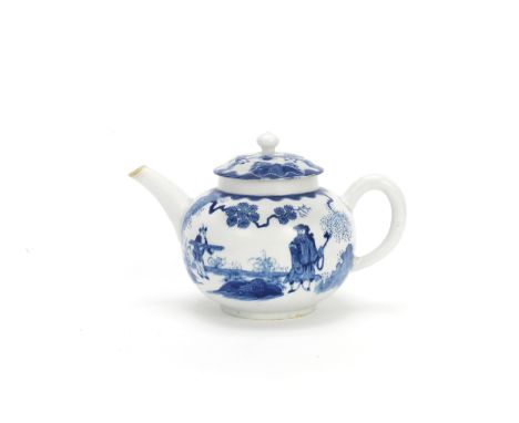 A rare Bow teapot and cover, circa 1756-58Of slightly compressed globular form, painted in blue with the 'Golfer and Caddy' p