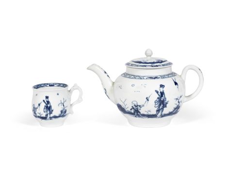 A Worcester teapot and cover and a cup, circa 1758-60Painted in blue with the 'Walk in the Garden' pattern of a Chinese lady 