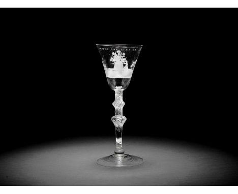 A Dutch engraved composite-stem light baluster goblet attributed to Jacob Sang, circa 1760The round funnel bowl with a contin
