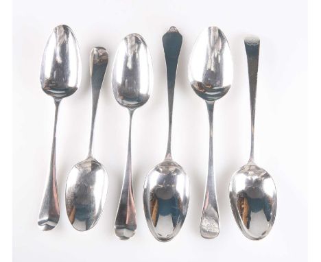 SIX ASSORTED GEORGIAN SILVER TABLESPOONS including one by John Lambe, London 1784, Old English pattern, with incuse duty mark