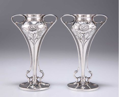 A PAIR OF ART NOUVEAU TWIN-HANDLED POSY VASES by Henry Wigfull, Sheffield 1905, each a baluster bowl with everted lip on a sl