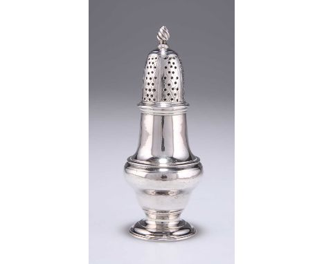 A GEORGE III SILVER SUGAR CASTER by James Jennings, London 1763, baluster form with moulded shoulder, the detachable domed co