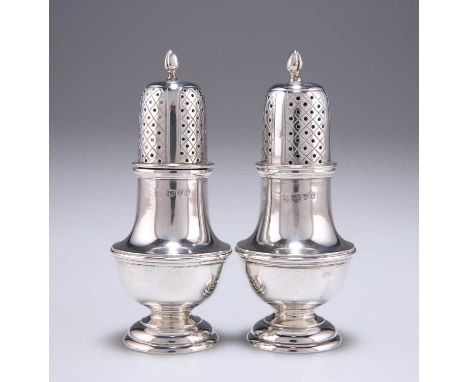 A PAIR OF GEORGE V SILVER CASTERS by George Nathan &amp; Ridley Hayes, Chester 1912, baluster form, with moulded girdle and t