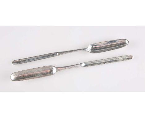 TWO GEORGE III SILVER MARROW SCOOPS the first by Paul Callard, London, c.1760, engraved with a crest; the second by George Sm