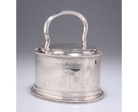A VICTORIAN SILVER DOUBLE TEA CADDY by Charles Frederick Hancock, London 1862, oval with fixed handle, twin lidded compartmen