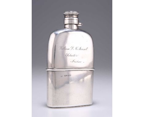 A VICTORIAN SILVER SPIRIT FLASK by George William Adams, London 1876, shaped for the pocket, with twist hinged cap, presentat