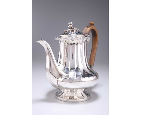 A GEORGE IV SILVER COFFEE POT by Rebecca Emes and Edward Barnard I, London 1824, part-fluted body, engraved with crest, with 