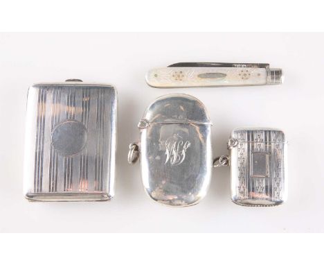 A MIXED GROUP OF SILVER, VICTORIAN AND LATER comprising a mother-of-pearl handled penknife, by Charles William Fletcher, Shef