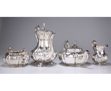 A FINE EARLY VICTORIAN SILVER FOUR-PIECE TEA AND COFFEE SERVICE § by Paul Storr, London 1838, comprising teapot, coffee pot, 