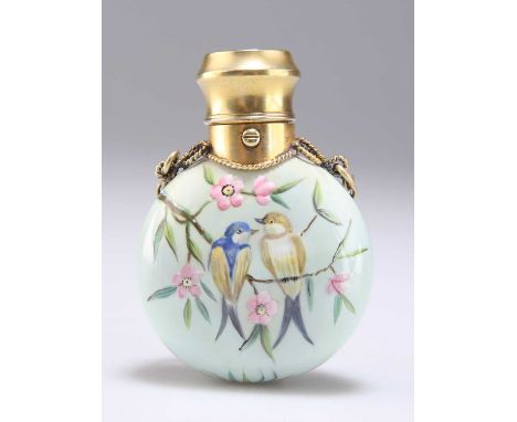 A VICTORIAN PORCELAIN SCENT FLASK by Samuel Mordan &amp; Co, the globular body enamelled with a pair of birds perching upon a