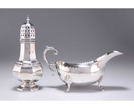 AN ELIZABETH II SILVER SUGAR CASTER, AND AN IRISH SILVER SAUCEBOAT the caster by Francis Howard Ltd, Birmingham 1969, baluste