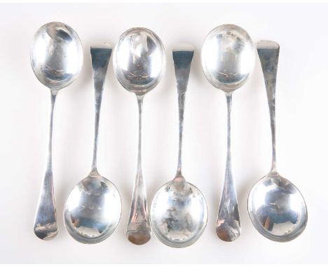 A SET OF SIX GEORGE V SILVER SOUP SPOONS by Herbert M Slater, Sheffield 1922, Old English pattern. (6) 19.8cm long, 13.4 troy