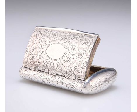 A VICTORIAN SILVER SNUFF BOX by Hilliard &amp; Thomason, Birmingham 1885, of oval section, engraved with C-scrolls and foliag