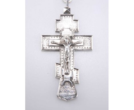 A 19TH CENTURY RUSSIAN SILVER ORTHODOX CRUCIFIX PENDANT ON CHAIN unidentified master, first kokoshnik mark, the reverse engra