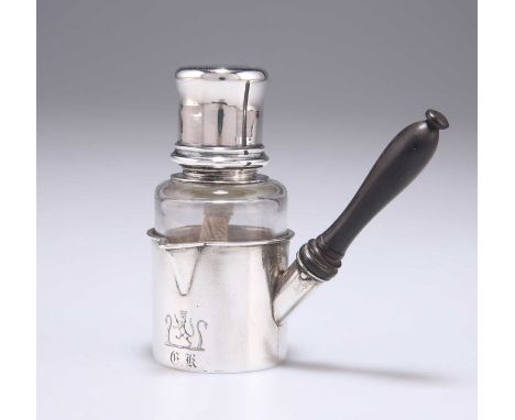 A VICTORIAN SILVER NOVELTY TABLE LIGHTER by George Frederick Pinnell, London 1849, the cylindrical glass bottle with screw ca