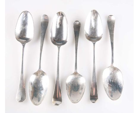 SIX GEORGIAN SILVER HANOVERIAN PICTURE-BACK TABLESPOONS various makers, including one by John Scofield (probably), London 177