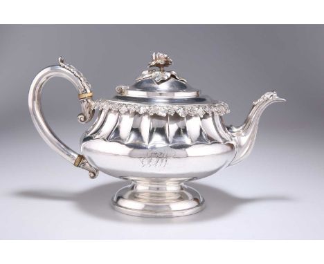 A GEORGE IV SILVER TEAPOT § by Richard Williams Atkins & William Nathaniel Somersall, London 1828, squat circular, fluted to 