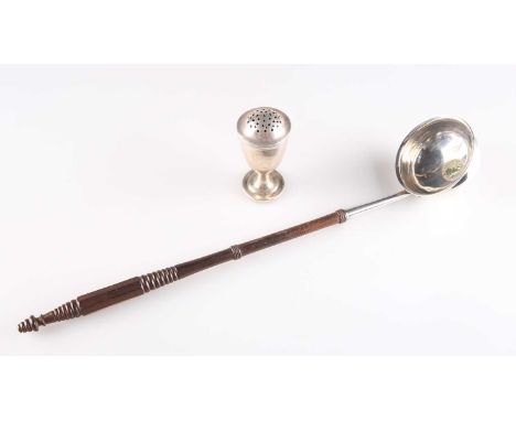 A GEORGE III SILVER PUNCH LADLE, AND A COLONIAL PEPPER POT the ladle with turned and faceted wooden handle, the circular bowl