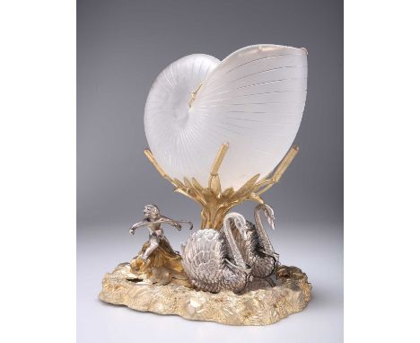 A 19TH CENTURY SILVER-PLATED AND GILDED NAUTILUS-SHELL CENTREPIECE modelled as a putto and two swans upon a mirrored lake ami